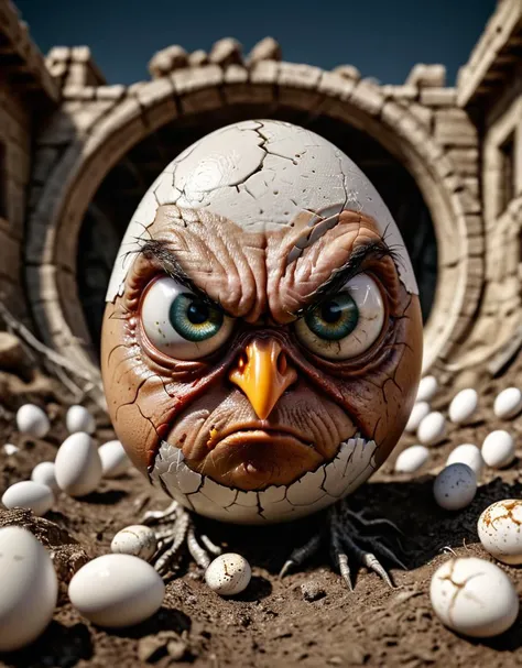 angry egg killing the viewer with his eyes,epic, cinematic, brilliant, grim but funny, intricate meticulously detailed, sharp focus, digital matte painting, fantastical , hyperrealistic masterwork by head of prompt engineering, krawcked_skn <lora:krawcked_skn:0.7>