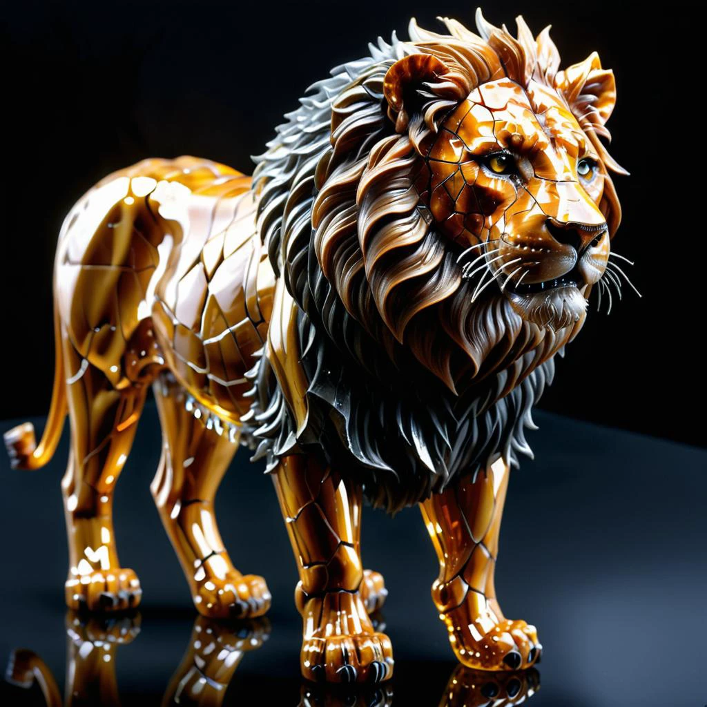translucent lion figurine made out of crystal and glass with shattered surface, hyperdetailed, hyperrealistic, photorealistic painting by Albrecht Dürer and Marc Allante krawcked_skn <lora:krawcked_skn:0.95>