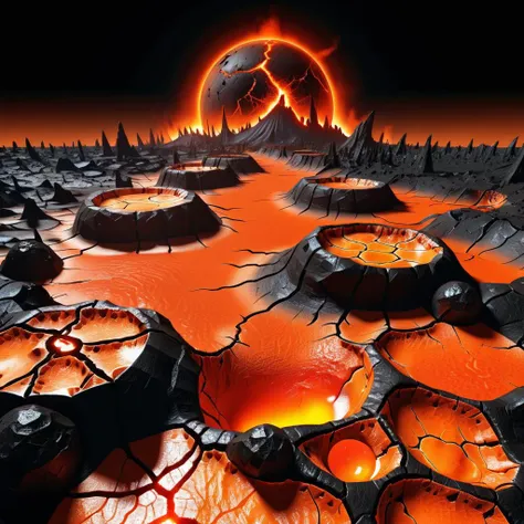 dying planet made out of cold lava and black iron drifting into the void of a dead universe, glowing orange magma, fissures and rifts, long distance view, astral, uncanny, post-apocalyptic feeling, krawcked_skn <lora:krawcked_skn:0.75>