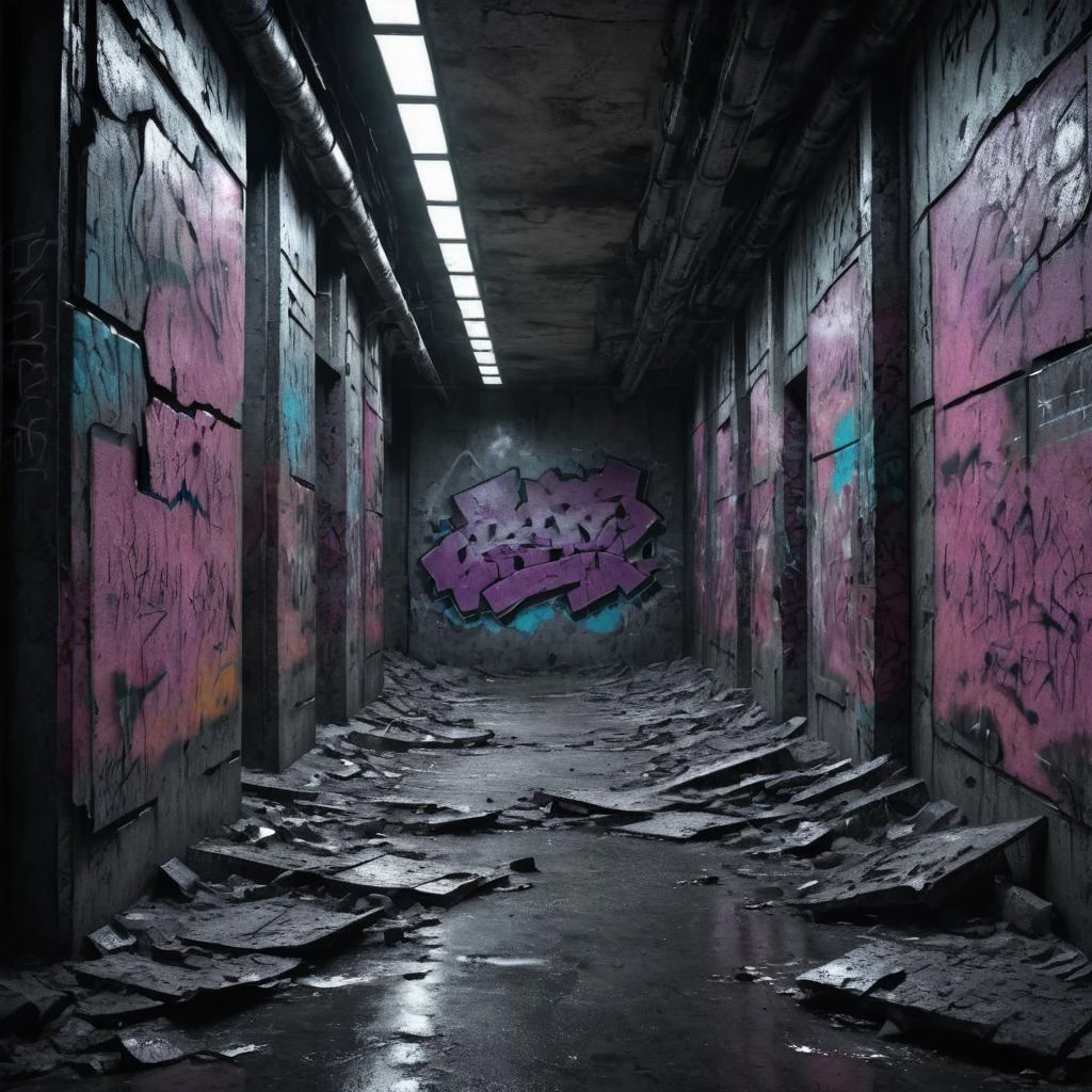 destroyed graffiti wall in cyberpunk city, post-apocalypse, dark, the feeling of angst, uncanny atmosphere <lora:krawcked_skn:0.8> krawcked_skn