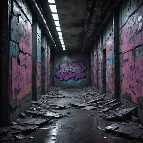 destroyed graffiti wall in cyberpunk city, post-apocalypse, dark, the feeling of angst, uncanny atmosphere  <lora:krawcked_skn:0.8> krawcked_skn