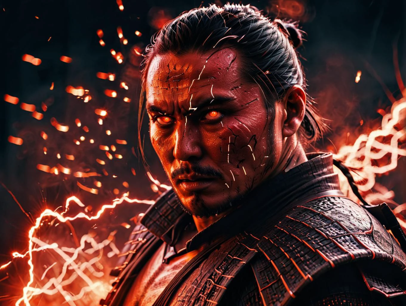 glowneon, krawcked_skn,glowing samurai emitting sparks and electricity, dark red and orange, glowing eyes, cinematic film still <lora:krawcked_skn:0.82> <lora:glowneon_xl_v1:0.9> <lora:add-detail-xl:0.8>