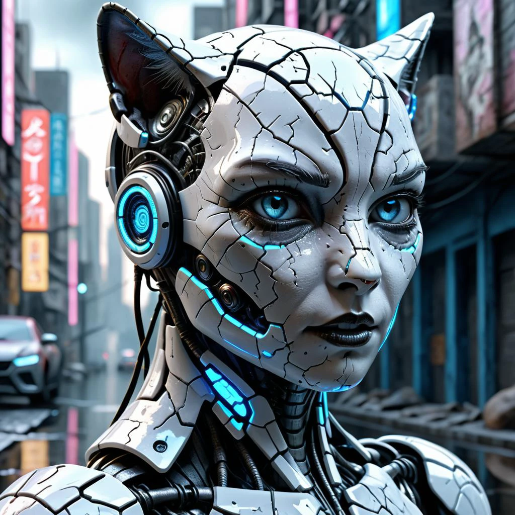 complex render ultra detailed of a beautiful porcelain cracked android kitty humanoid cyborg in (cyberpunk style:1.6) in wet dystopian urban cyberpunk street,robotic parts,mysterious ground fog,150mm,beautiful studio soft light,rim neon light,vibrant details,luxurious cyberpunk,hyperrealistic,anatomical,cable electric wires,microchip,octane render,iridescent silver and blue,grim masterwork by head of prompt engineering,<lora:add-detail-xl:1> krawcked_skn <lora:krawcked_skn:0.7>