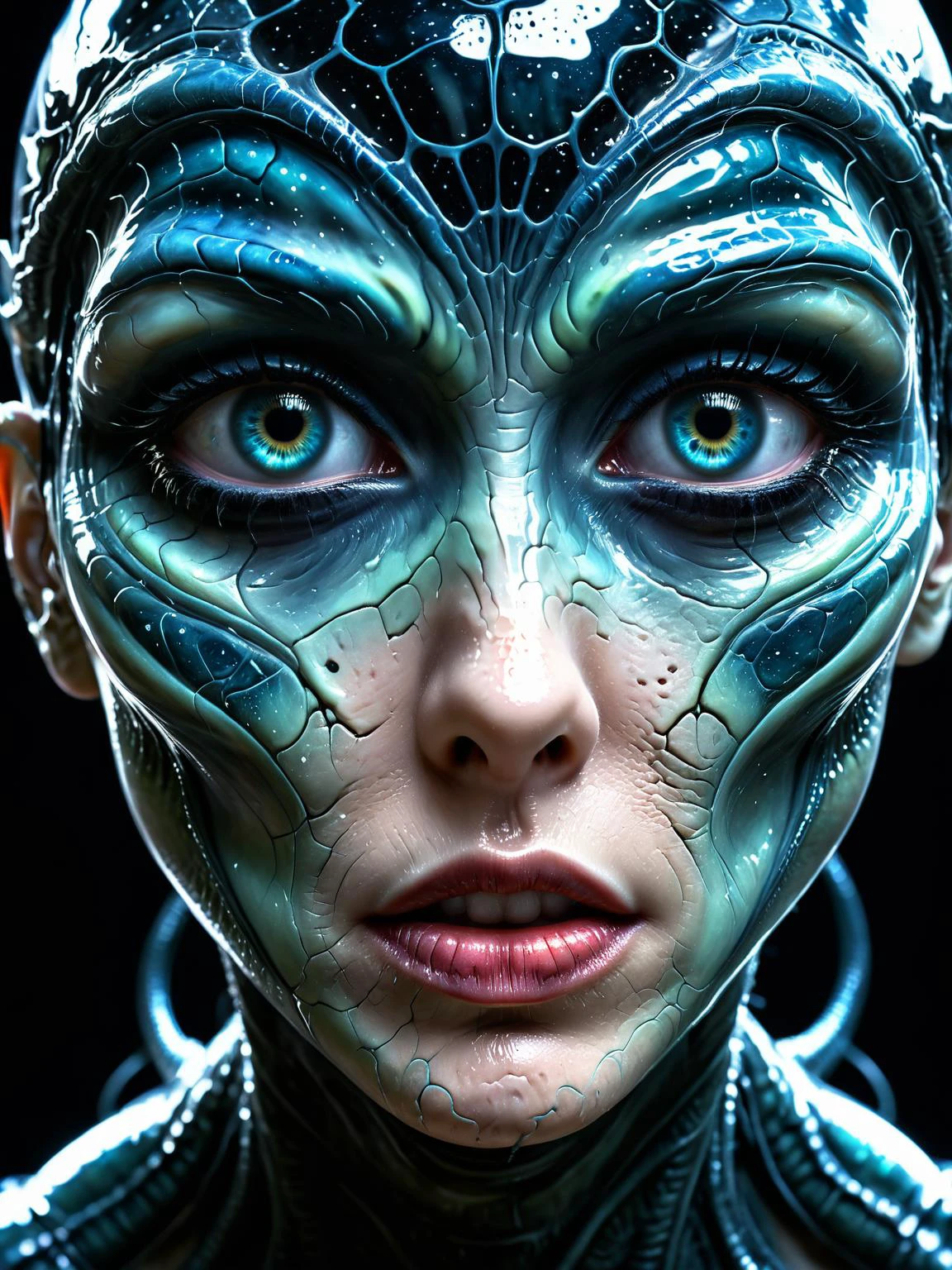 strange (sci-fi alien girl:1.2) seducing with her stunning iridescent huge eyes and beautiful kssing lips, cinematic film still, volumentric light, lustful moist and slimy scenery, diffuse background, krawcked_skn <lora:krawcked_skn:0.6> <lora:hyperkraximalism:0.4>