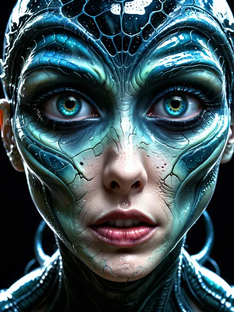 strange (sci-fi alien girl:1.2) seducing with her stunning iridescent huge eyes and beautiful kssing lips, cinematic film still, volumentric light, lustful moist and slimy scenery, diffuse background, krawcked_skn <lora:krawcked_skn:0.6>  <lora:hyperkraximalism:0.4>