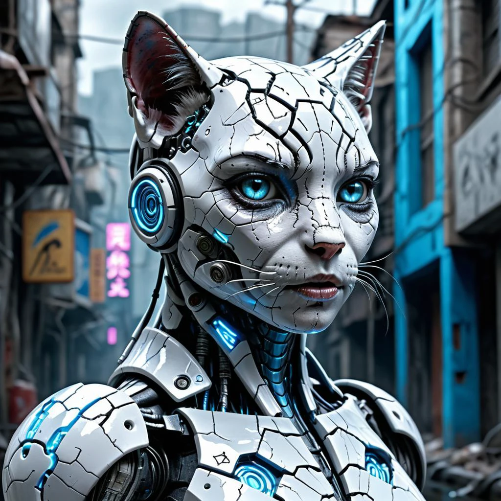 complex render ultra detailed of a beautiful porcelain cracked android kitty humanoid cyborg in (cyberpunk style:1.6) in wet dystopian urban cyberpunk street,robotic parts,mysterious ground fog,150mm,beautiful studio soft light,rim neon light,vibrant details,luxurious cyberpunk,hyperrealistic,anatomical,cable electric wires,microchip,octane render,iridescent silver and blue,grim masterwork by head of prompt engineering,<lora:add-detail-xl:1> krawcked_skn <lora:krawcked_skn:0.7>