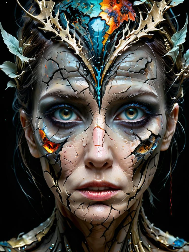 krawcked_skn,lady of the darkness, oil paint by Carne Griffiths and WLOP, vintage Images, intricate, cinematic lighting, highly detailed, smooth, sharp focus, uncanny eyes, the feeling of mystery, Anna Dittmann style, grim masterwork by head of prompt engineering <lora:hyperkraximalism:0.5> <lora:krawcked_skn:0.85>