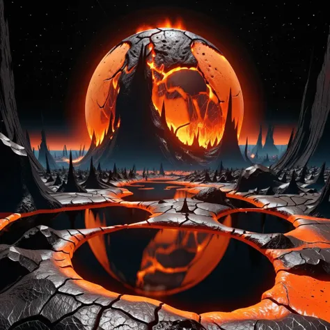 dying planet made out of cold lava and black iron drifting into the void of a dead universe, glowing orange magma, fissures and rifts, long distance view, astral, uncanny, post-apocalyptic feeling, krawcked_skn <lora:krawcked_skn:0.75>