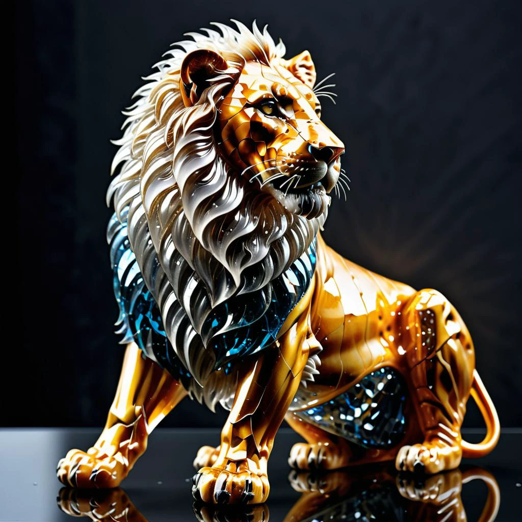 translucent lion figurine made out of crystal and glass with shattered surface, hyperdetailed, hyperrealistic, photorealistic painting by Albrecht Dürer and Marc Allante krawcked_skn <lora:krawcked_skn:0.95>