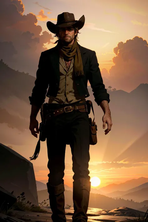 ((ultra detailed, masterpiece, best quality))
<lora:RDR2Arthur:0.8>
RDR2Arthur, 1boy, solo, cowboy shot, short hair, Atop a rocky ridge, cowboy hat and scarf, dynamic sunset casting dramatic shadows, standing proudly with a hand on the holster