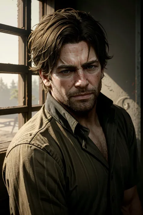 American; rdr2; standing alone; Very tall and strong; white with red beard; grimy; with blood on your hands and clothes; simple outfit, serious and angry look; black short hair; RPG old west 1890.