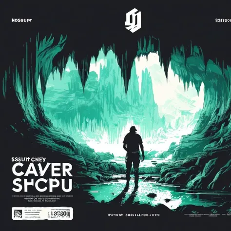 brutalism, c, tshirt design, beautifull (((cave))), stalagtites, lights effects, Poster, impactful image of (((caver with headlight))), beautiful cave in the background, flashing lights and moist coming from a waterfall, an impactful image of a cave, water, mixed media, threshold effect, halftone effect, balanced, rzminjourney