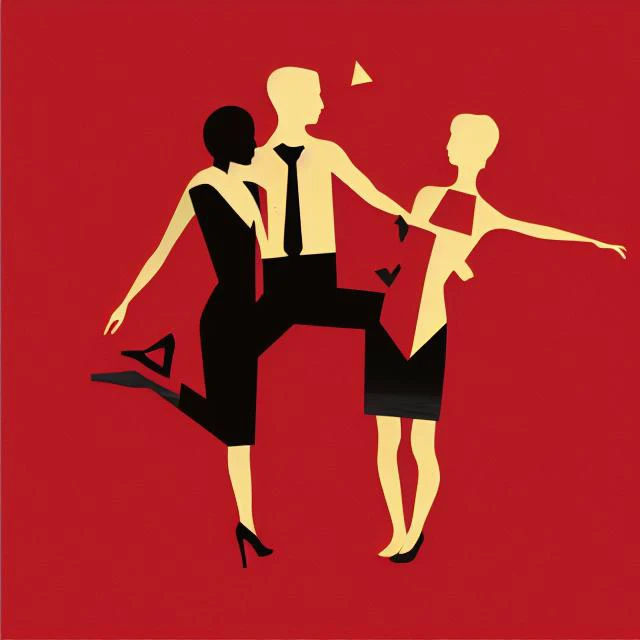 sticker design, modern brutalism, constructivism, surreal, mixed media, behance, Soft silhouettes dancing on a velvet red backdrop.