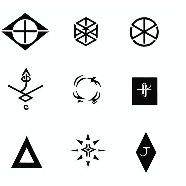 four different magical symbols esoteric set, black and white, bold minimalistic geometric, glyphs pictograms magic, black background, white & pink