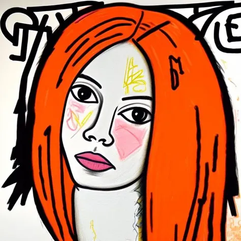 (a crayon portrait of k_amouranth:1.2), with long orange hair, looking at the camera seductively, alluring, evocative, exposed breast, popart, by jean michel basquiat