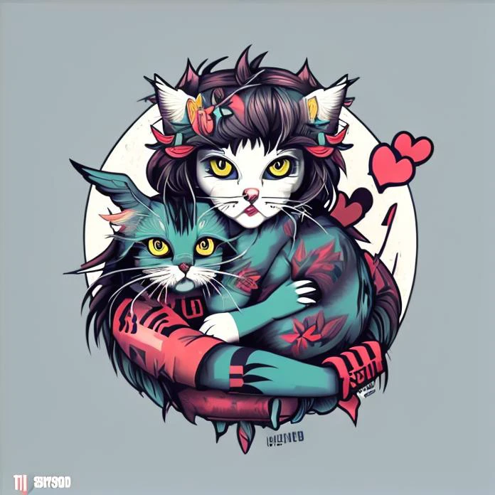 rzminjourney, human punk girl holding a cat, t-shirt design, brutalism
