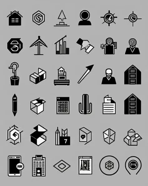 large poster presenting outlined business black & white icons, minimalistic, sharp geometrical, bold, presenting everyday objects