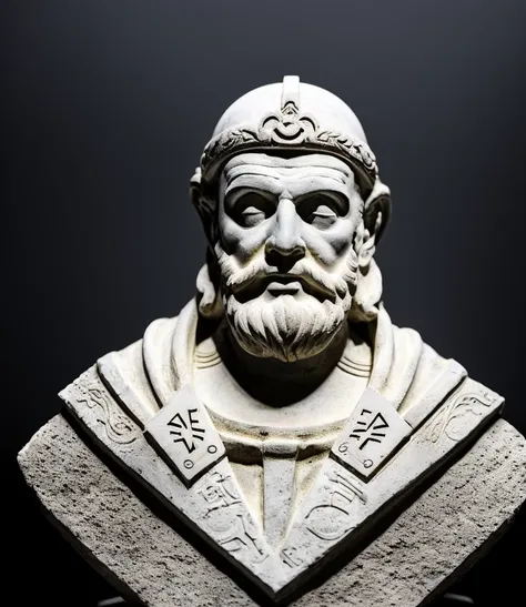 mockup, marble bust sculpture of geometric ancient undead priest warrior astrologist, full view, magical astrological esoteric symbols, Bauhaus, intricately decorated, medium shot, (black background:1.3)