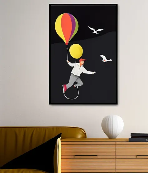 (wall art inside of luxurious modern room interior), A surrealist painting of a person holding a balloon that is lifting them up into the sky, with strange creatures and objects floating around them.