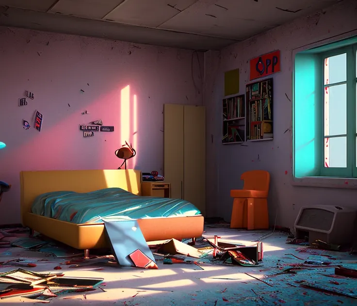 abandoned room interior,  80's style teen room, detailed painting, huge, nostalgia 1980s, American, shattered glass, colored, messy, window, posters on the wall, retro pc, late morning, macrophotography hyper realistic octane render, hard surface modelling, 8k , clean , sharp focus, CGSociety