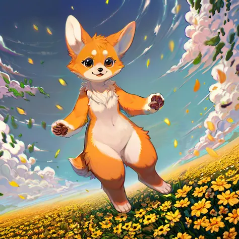 score_9, score_8_up, score_7_up, score_6_up, score_5_up, score_4_up, score_safe, source_furry, full-body portrait, solo, a female anthro corgi, cute, dynamic movement, dynamic expression, detailed background, awesome_backgrounud, endless field of yellow flowers, dutch angle, pawpads, bright sunny day