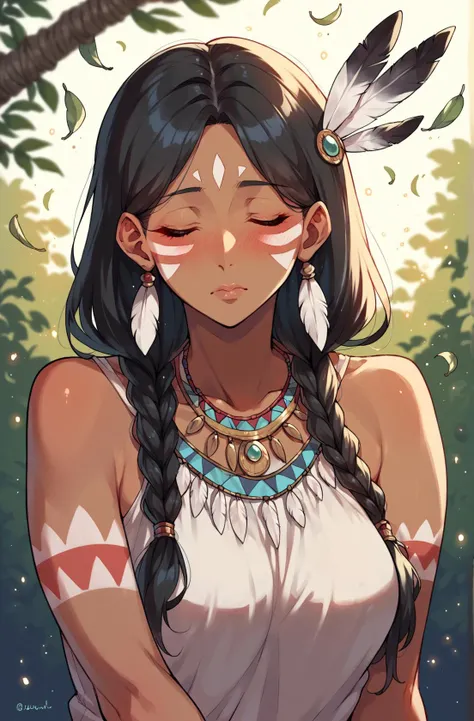 score_9,score_8_up,score_7_up,score_6_up,score_5_up,score_4_up 1girl,solo,long hair,breasts,blush,black hair,hair ornament,bare shoulders,jewelry,closed mouth,closed eyes,upper body,braid,dark skin,necklace,blurry,twin braids,dark-skinned female,lips,tattoo,glowing,facial mark,feathers,light particles,backlighting,feather hair ornament,bodypaint,tribal,native american,multiple braids <lora:kame_3-v1e80:1>,