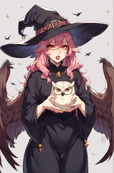 score_9,score_8_up,score_7_up,score_6_up,score_5_up,score_4_up source_explicit,nsfw, witchyset21, 1girl,solo,long hair,looking at viewer,open mouth,red eyes,long sleeves,hat,dress,holding,standing,pink hair,purple hair,parted lips,wings,teeth,wide sleeves,blurry,black dress,orange eyes,black headwear,witch hat,bird,animal,red lips,witch,holding animal,owl <lora:kame_3-v1e80:1>,