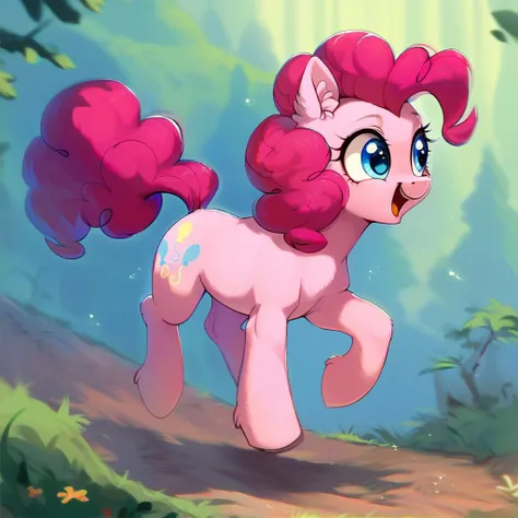 score_9, score_8_up, score_7_up, score_6_up, score_5_up, score_4_up, source_pony, rating_safe, (feral pony pinkie pie),running through field, cute,detailed soft lighting,nature background, ear fluff <lora:kame_3-v1e80:1>