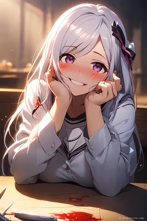 1girl, (yandere:1.4), (yandere trance:1.4), crazy, ((blood on face)), backlighting, looking at viewer, white hair, purple eyes, blush, smile, yandere simulator, glowing eyes, evil smile, (shaded face:1.2),