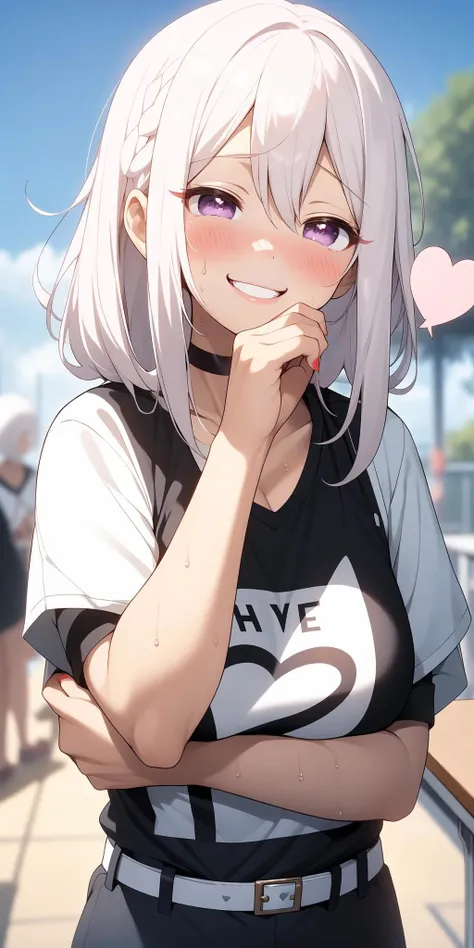 1girl,((smile:1.1)),naughty face,heart-shaped pupils,fingernails,hands on own face,white hair,purple eyes,((shaded face)),(blush:1.4),choker,upper body,trembling,sweat,sweatdrop,heart,(crazy:1.1),(speed lines), (ahegao), medium breasts, ((heavy breathing)), love, heart, desk