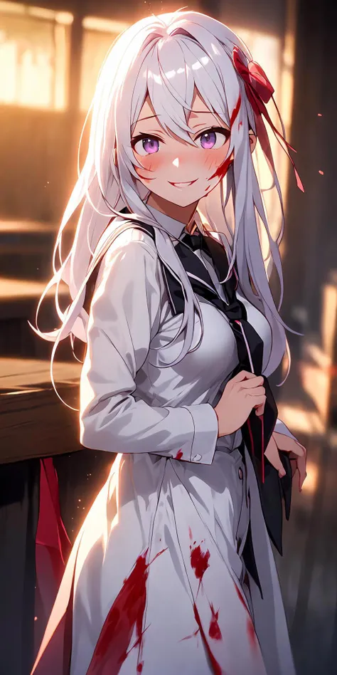 1girl, (yandere:1.4), (yandere trance:1.4), crazy, ((blood on face)), backlighting, looking at viewer, white hair, purple eyes, blush, smile, yandere simulator, glowing eyes, evil smile, (shaded face:1.2),