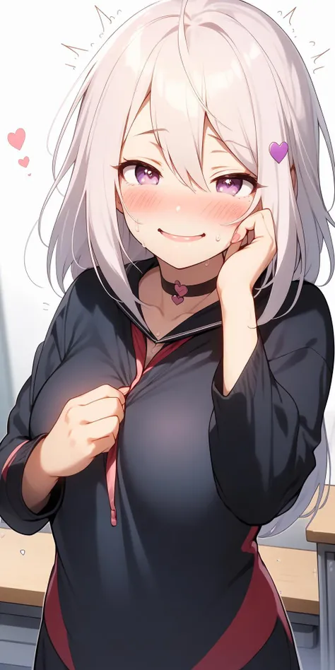 1girl,((smile:1.1)),naughty face,heart-shaped pupils,fingernails,hands on own face,white hair,purple eyes,((shaded face)),(blush:1.4),choker,upper body,trembling,sweat,sweatdrop,heart,(crazy:1.1),(speed lines), (ahegao), medium breasts, ((heavy breathing)), love, heart, desk