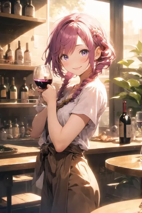 (masterpiece:1), (best quality:1),1girl, princess braids hair, crew cut hair, violet hair, wine eyes, sly eyes, smiling eyes, brown Slacks, balanced theme, (glass:1.1)