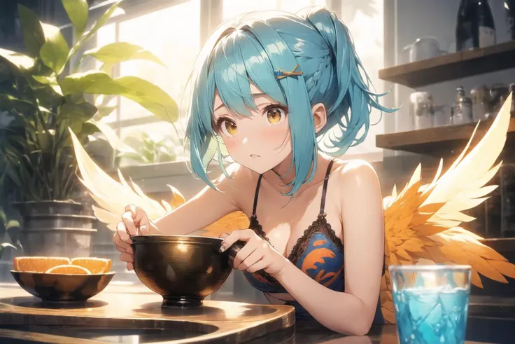 (masterpiece:1), (best quality:1),1girl, bowl cut hair, undercut hair, turquoise hair, multiple ponytails hair, hair feathers hair, obsidian eyes, purple tangzhuang, blue open cup bra, tulle, asymmetric, lace, ikat, orange theme, wings