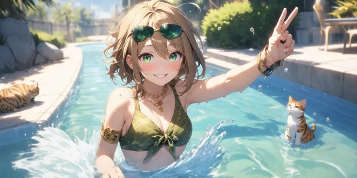 (masterpiece:1), (best quality:1),1girl, shag hair, shoulder-length hair, ivory hair, emerald eyes, eyes looking up, smiling eyes, blush, olive skin, green Braces, cat eye sunglasses, necklace, brown theme, (splash art:1.25)