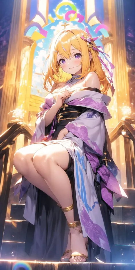 (masterpiece:1), (best quality:1),1girl, amused, feathered hair, ankle-length hair, rainbow hair, purple eyes, wide eyes, crossed eyes, mole, broad shoulders, yellow hair tie, paisley, chiffon, keyhole cutout, shoulder cutout, ascot, striped, purple theme, (sacred:1.25)