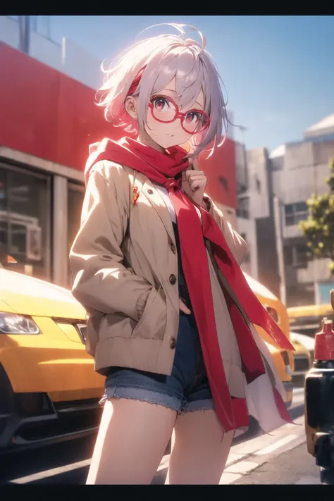(masterpiece:1), (best quality:1),1girl, spiky hair, crew cut hair, salt and pepper hair, silver eyes, long legs, brown hood, tulle, keyhole cutout, red-tinted eyewear, bandana, pink-framed eyewear, red theme, (saint:1.25)