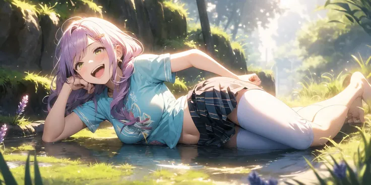 (masterpiece:1), (best quality:1),1girl, laughing, liberty spikes hair, hip-length hair, lavender hair, amber eyes, slender waist, frown, blue Budget sarashi, pleated, brown theme, (nature:1.25)