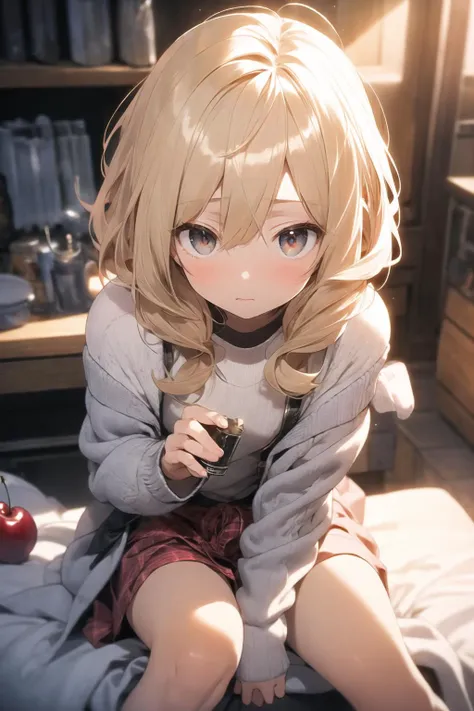 (masterpiece:1), (best quality:1),1girl, mohawk hair, bald, ash blonde hair, cherry eyes, squinted eyes, eyes looking up, grey cardigan, cotton, houndstooth, grey theme, armor