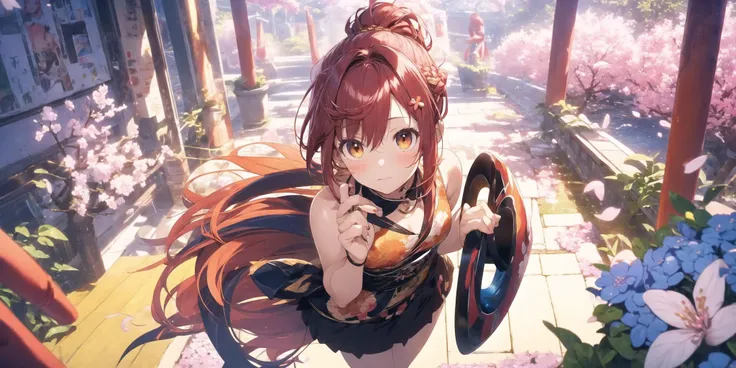 (masterpiece:1), (best quality:1),1girl, portrait, facing viewer, ponytail hair, mohawk hair, wine red hair, half updo hair, hair rings hair, hair feathers hair, chestnut eyes, eyes looking up, purple spurs, black Overskirt, cherry blossom print, orange theme, (portal:1.2)