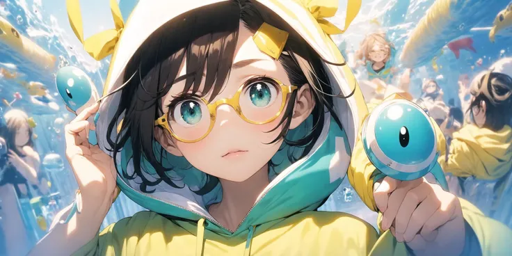 (masterpiece:1), (best quality:1),1girl, portrait, facing viewer, perm hair, short hair, ivory hair, hair down hair, aqua eyes, high cheekbones, small nose, curvy figure, green hoodie, geometric, diving mask, yellow-framed eyewear, neck ribbon, safety glasses, multicolored theme, (matter:1.2)