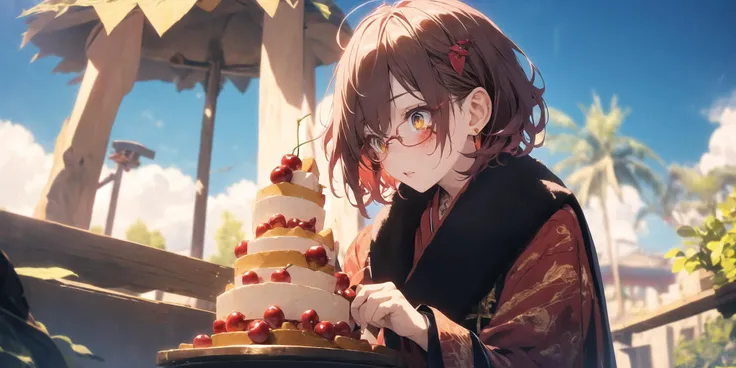 (masterpiece:1), (best quality:1),1girl, pixie cut hair, short hair, burgundy hair, cherry eyes, eyes looking down, sharp eyes, tattoos, birthmark, high cheekbones, black Robe, ruffled, lace, yellow-tinted eyewear, red theme, (disastrous:1.25)