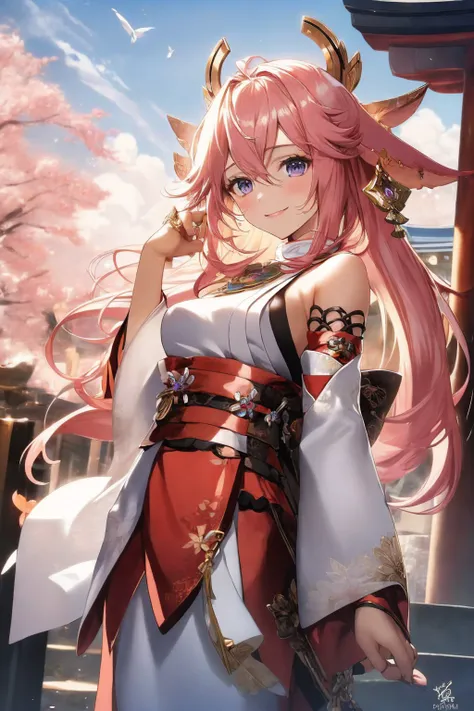 (masterpiece, best quality:1.2), solo, 1girl, yae miko, smile, looking at viewer, hair ornament, japanese clothes, sideboob, detached sleeves, wide sleeves, jewelry, earrings, bare shoulders <lora:genshinimpact_yaemiko:1.0>