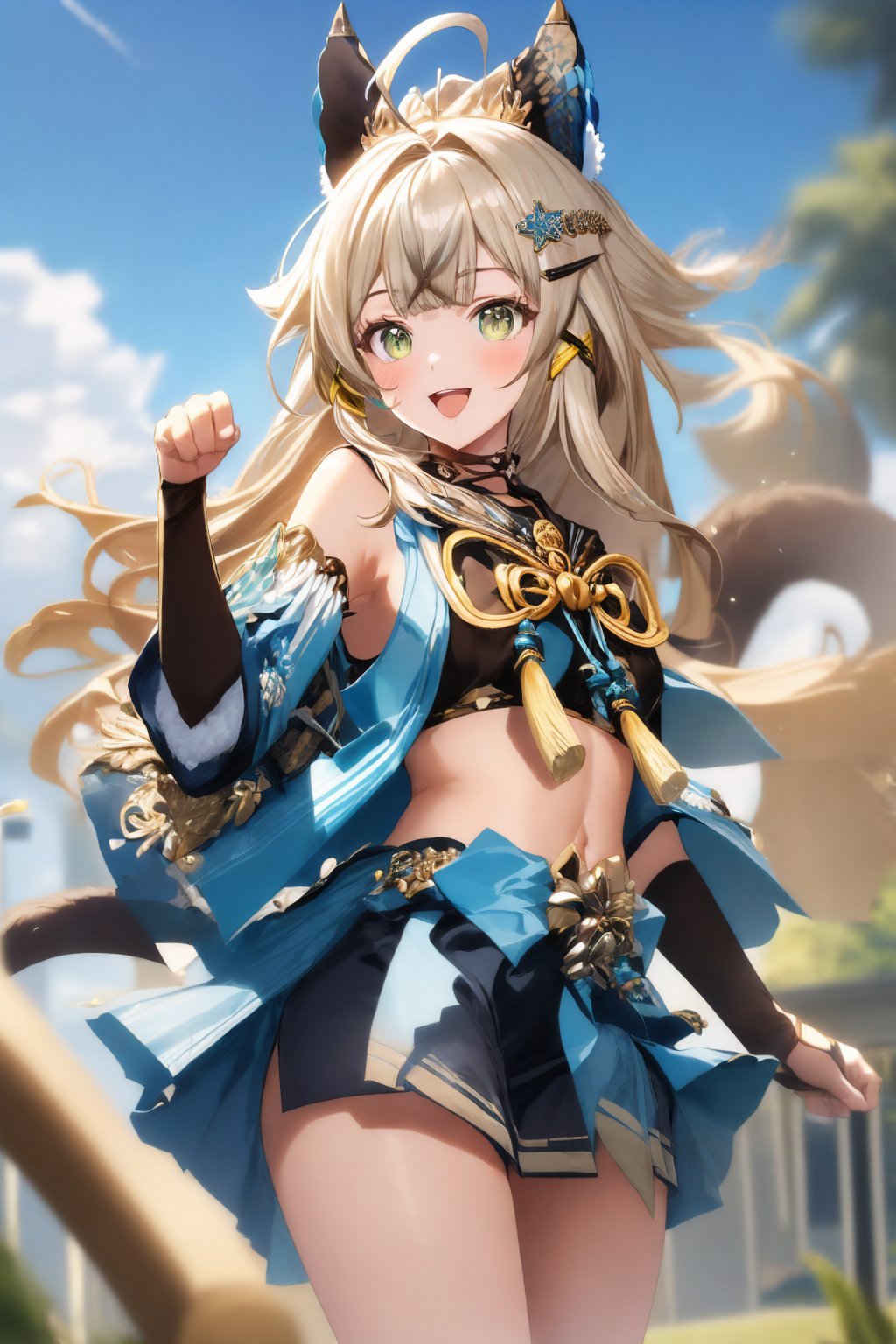 A woman in a blue outfit with horns and a sword - SeaArt AI