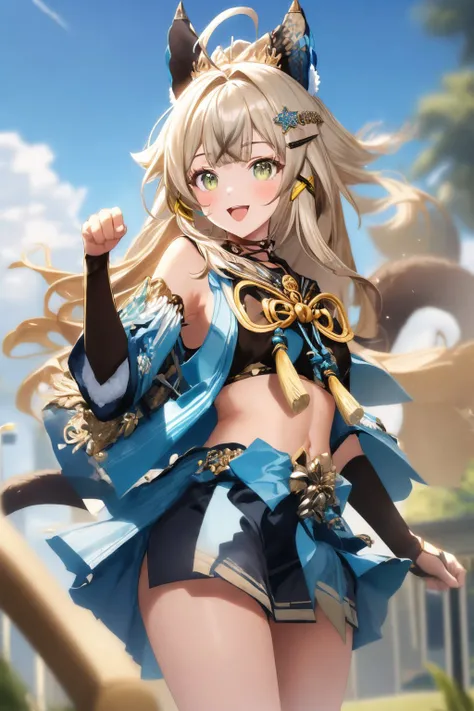 (masterpiece, best quality:1.2), solo, 1girl, kirara, smile, open mouth, looking at viewer, paw pose, ahoge, hair ornament, animal ears, detached sleeves, blue miniskirt, gloves, tassel, midriff, tail <lora:genshinimpact_kirara:1.0>