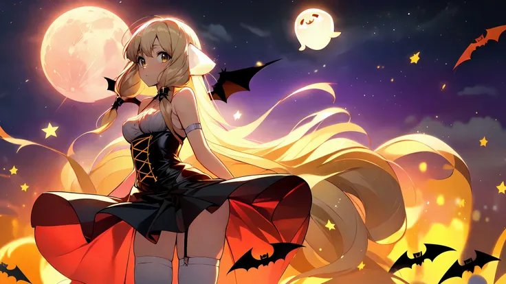 (sfw),(masterpiece,best quality,absurdres:1.2),1girl,vivid,saturated,cinematic lighting,sunset,horizon,backlighting, blue sky,
facing_viewer, hair light, looking_at_viewer, standing, wind_lift, dress in wind,perfect face,beautiful eyes,large flowing skirt,
(large breasts:1.2),thick_thighs, arms_behind_back,
chobits, chi_(character), chii,
(orange underskirt:1.2),frilled_dress,(halloween_costume:1.2),(bat wings:1.2), multicolored_dress,black dress, thighhighs, garter_straps, yellow_eyes,
outdoors,rooftop,tile_roof,(wind:0.8),starry_background,(shooting stars),(star (symbol):1.2),luminescence,halloween, large moon,