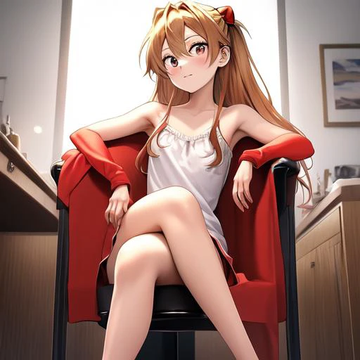masterpiece, best quality, masterpiece, asuka langley sitting cross legged on a chair