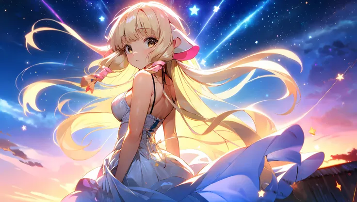 (sfw),(masterpiece,best quality,absurdres:1.2),1girl,cinematic lighting,sunset,horizon,backlighting, blue sky,
hair light, looking_at_viewer, arms behind back, looking back, standing, wind_lift, dress in wind,perfect face,
(large breasts:1.2),
chobits, chi_(character), chii,
outdoors,rooftop,tile_roof,(wind:0.8),starry_background,(shooting stars:1.2),(star (symbol):1.4),luminescence,
