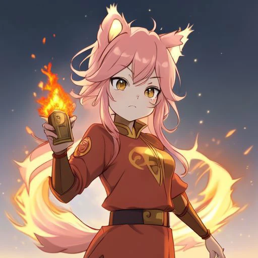 1girl, Lanka (Murenase Seton Gakuen) a pink-haired girl, with fluffy wolf ears and tail, golden eyes, with a serious expression, wearing a red and black suit, a uniform that resembles the ancient armor of the Chinese dynasty, which has a golden border, the emblem of fire (Avatar the last airbender) engraved, making fire and blue lightning with his hands