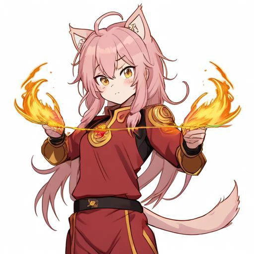 1girl, Lanka (Murenase Seton Gakuen) a pink-haired girl, with fluffy wolf ears and tail, golden eyes, with a serious expression, wearing a red and black suit, a uniform that resembles the ancient armor of the Chinese dynasty, which has a golden border, the emblem of fire (Avatar the last airbender) engraved, making fire and blue lightning with his hands